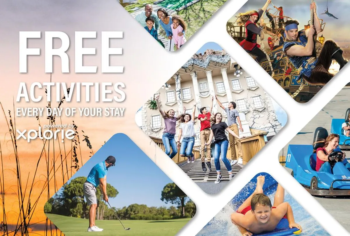 A vibrant collage of families enjoying a variety of activities: children swimming, a golfer mid-swing, families on go-karts and themed rides, and groups posing together. The image conveys excitement, diversity, and the joy of shared experiences.